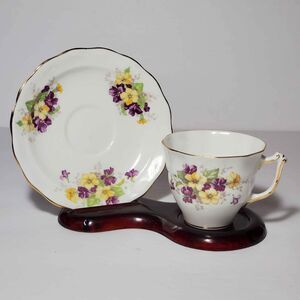 Old Royal Demitasse (Small) Teacup and Saucer Purple Yellow Flowers Vintage